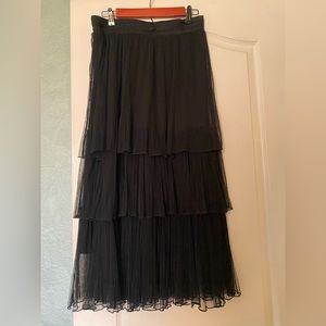 Tiered black tulle midi skirt